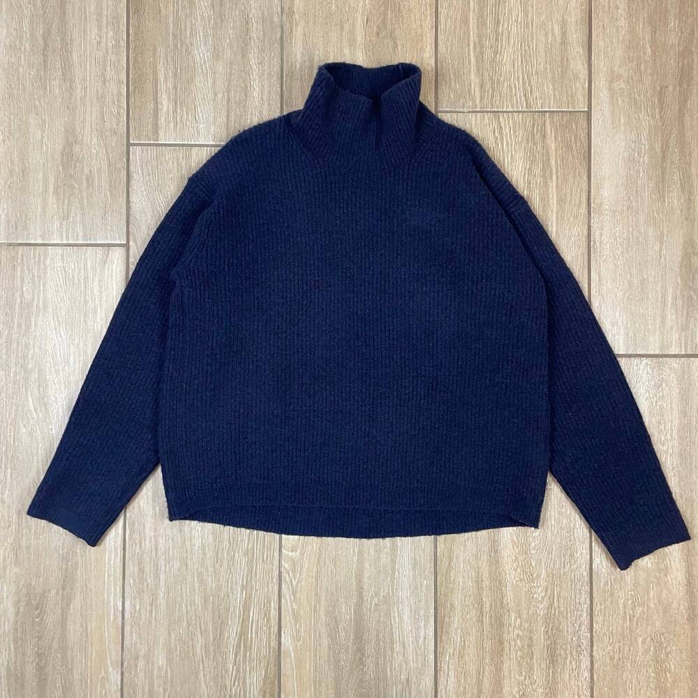Uniqlo Wool Blend Sweater Womens S Blue Fuzzy Brushed Mock Neck Cozy Knit